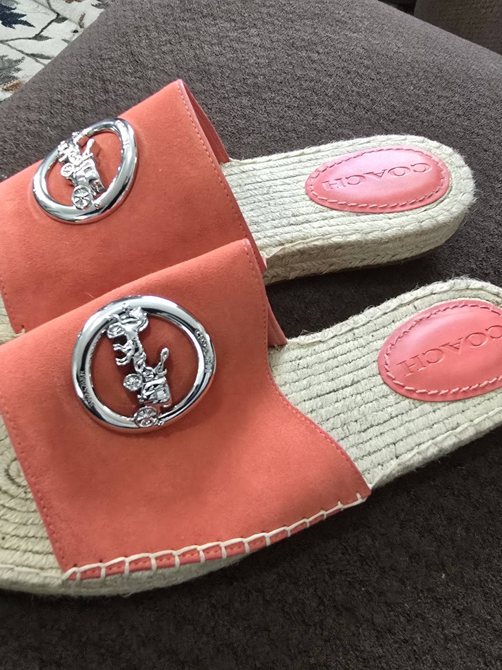 Coach Coral Suede Slide Sandals with Silver Medallion
